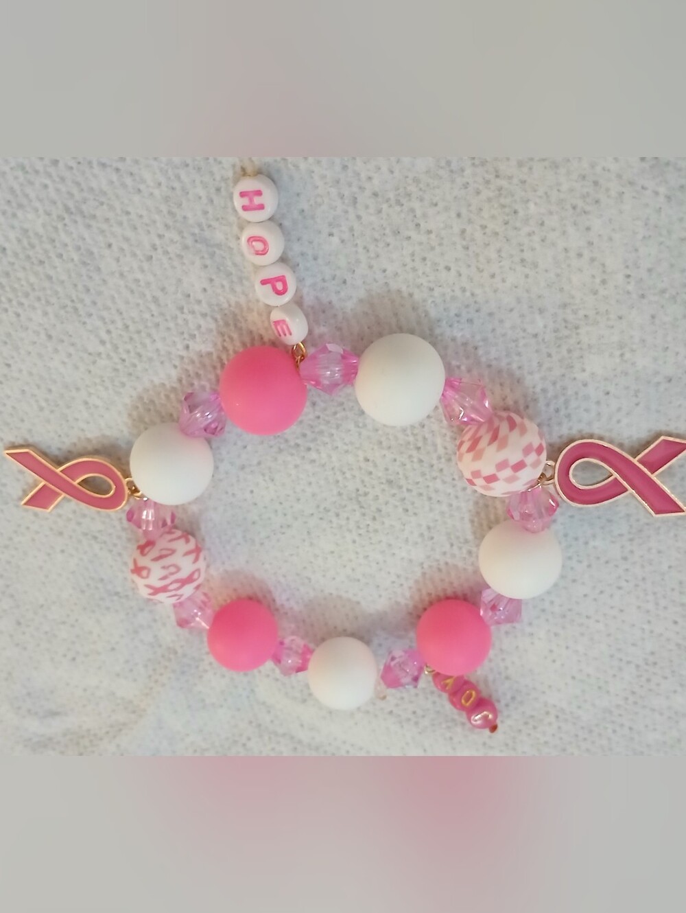 NWT Handcrafted Pink & White Beaded Breast Cancer Awareness Bracelet.